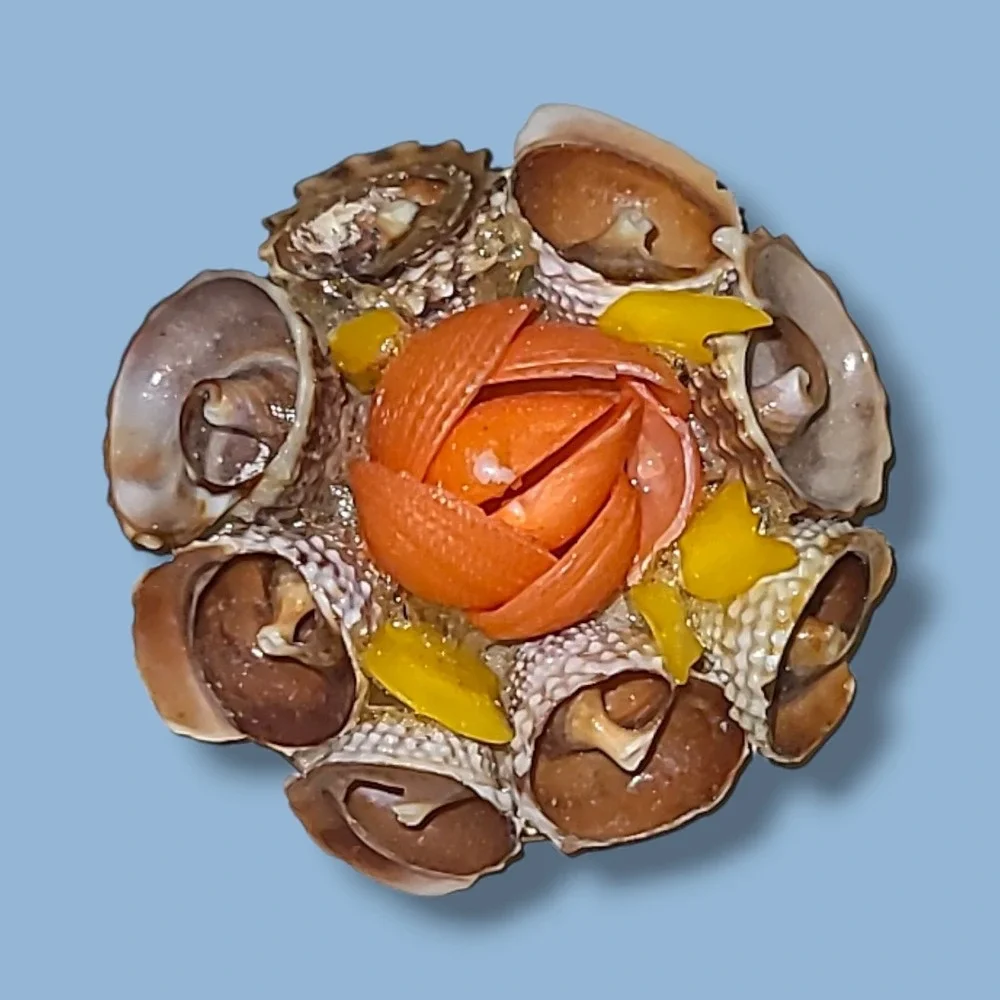Vintage Folk Art Shell Flower Brooch Pin